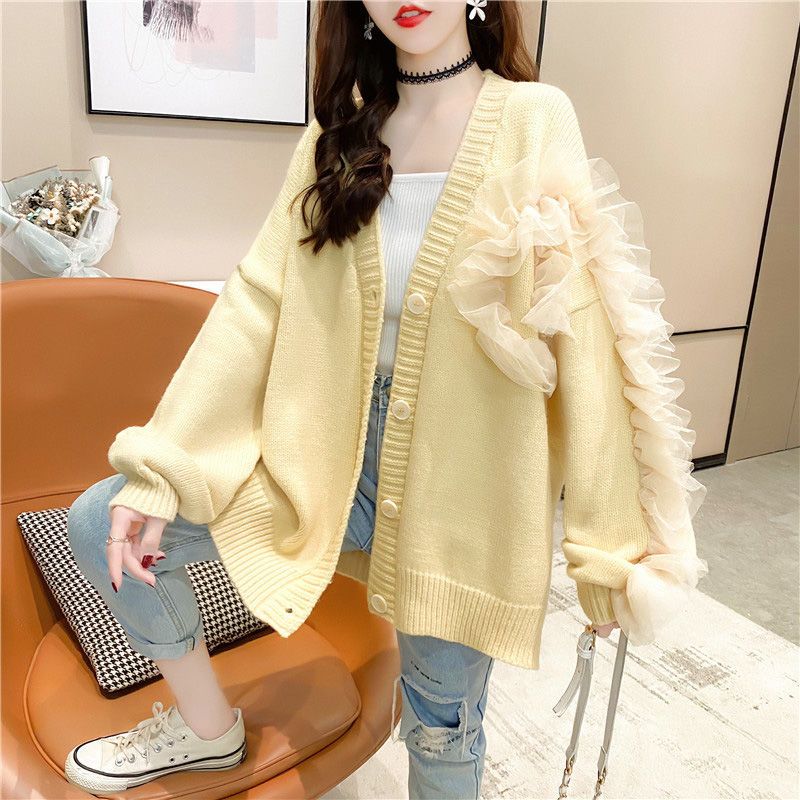 Sweater cardigan coat women loose foreign autumn and winter 2022 versatile long sleeve v neck solid casual knitted cardigan alx