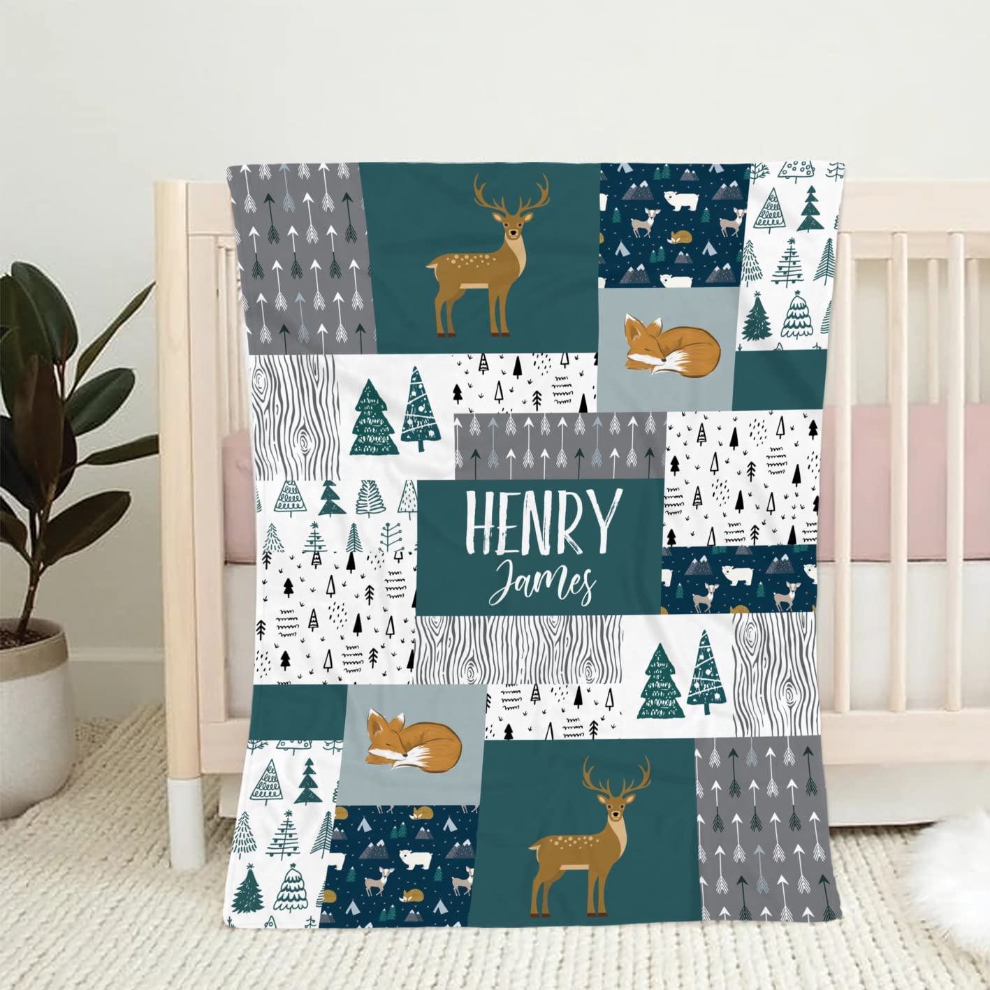 Personalized Woodland Nursery Blanket,Tree Woodland Animals Blanket,Baby Boy Woodland Blanket,Woodland Baby Blankets For Boys