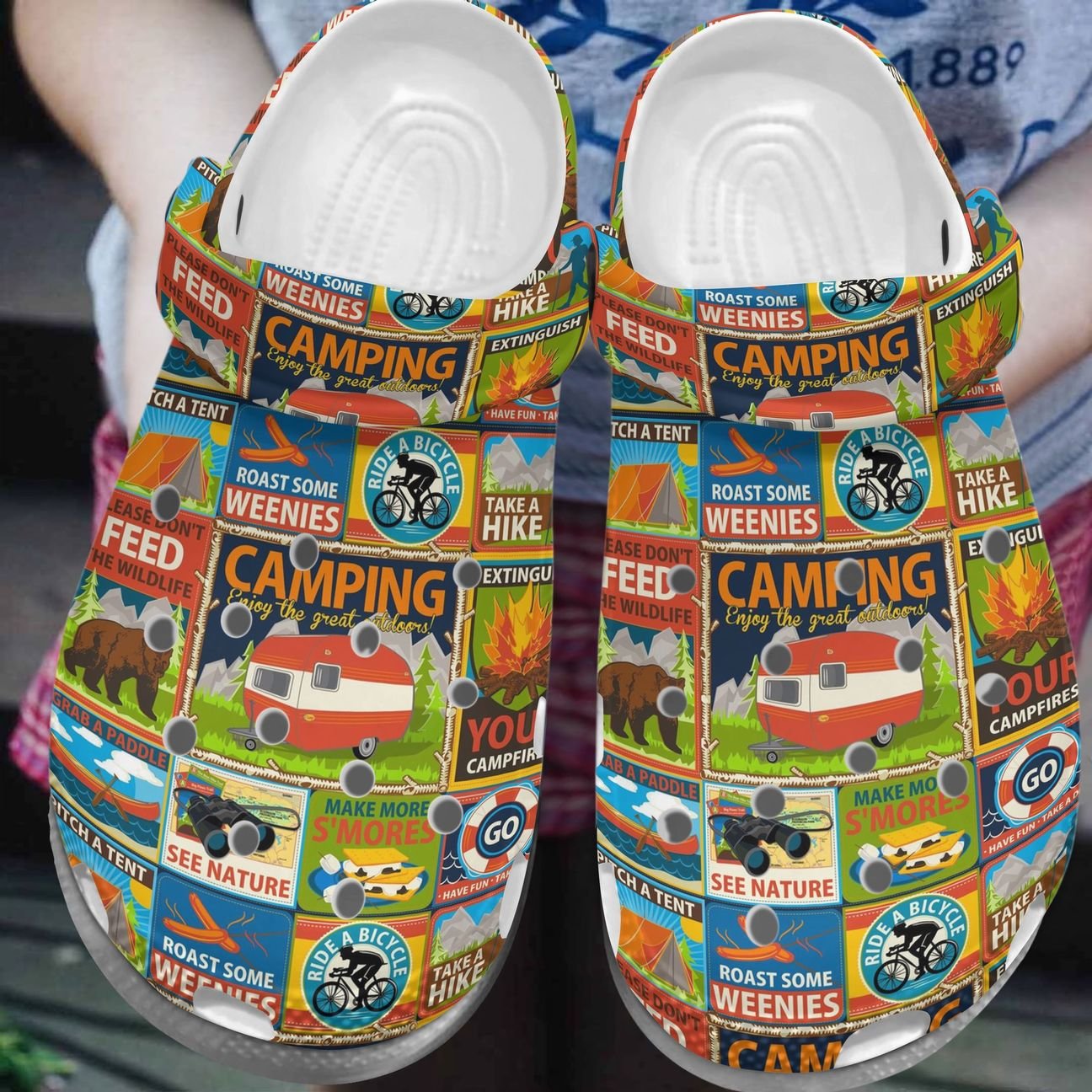 Camping Personalize Clog, Custom Name, Text, Fashion Style For Women, Men, Kid, Print 3D Whitesole Enjoy The Great Outdoors