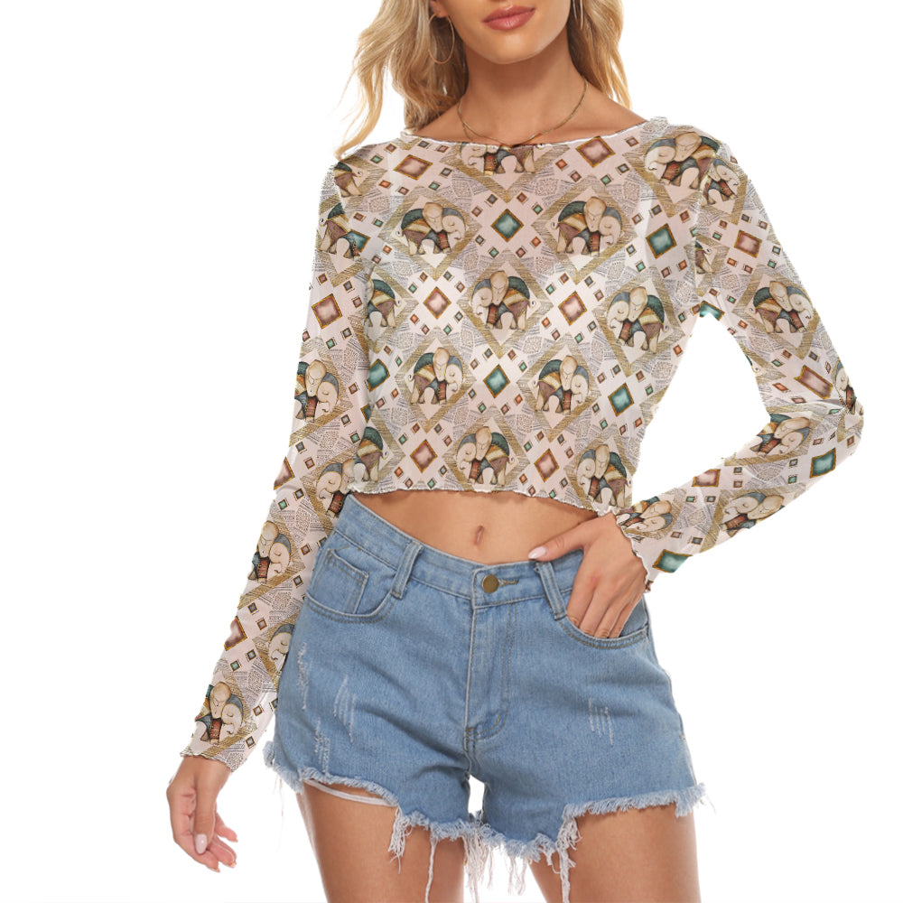 Indian Elephant Pattern Mesh Long Sleeves Crop Top