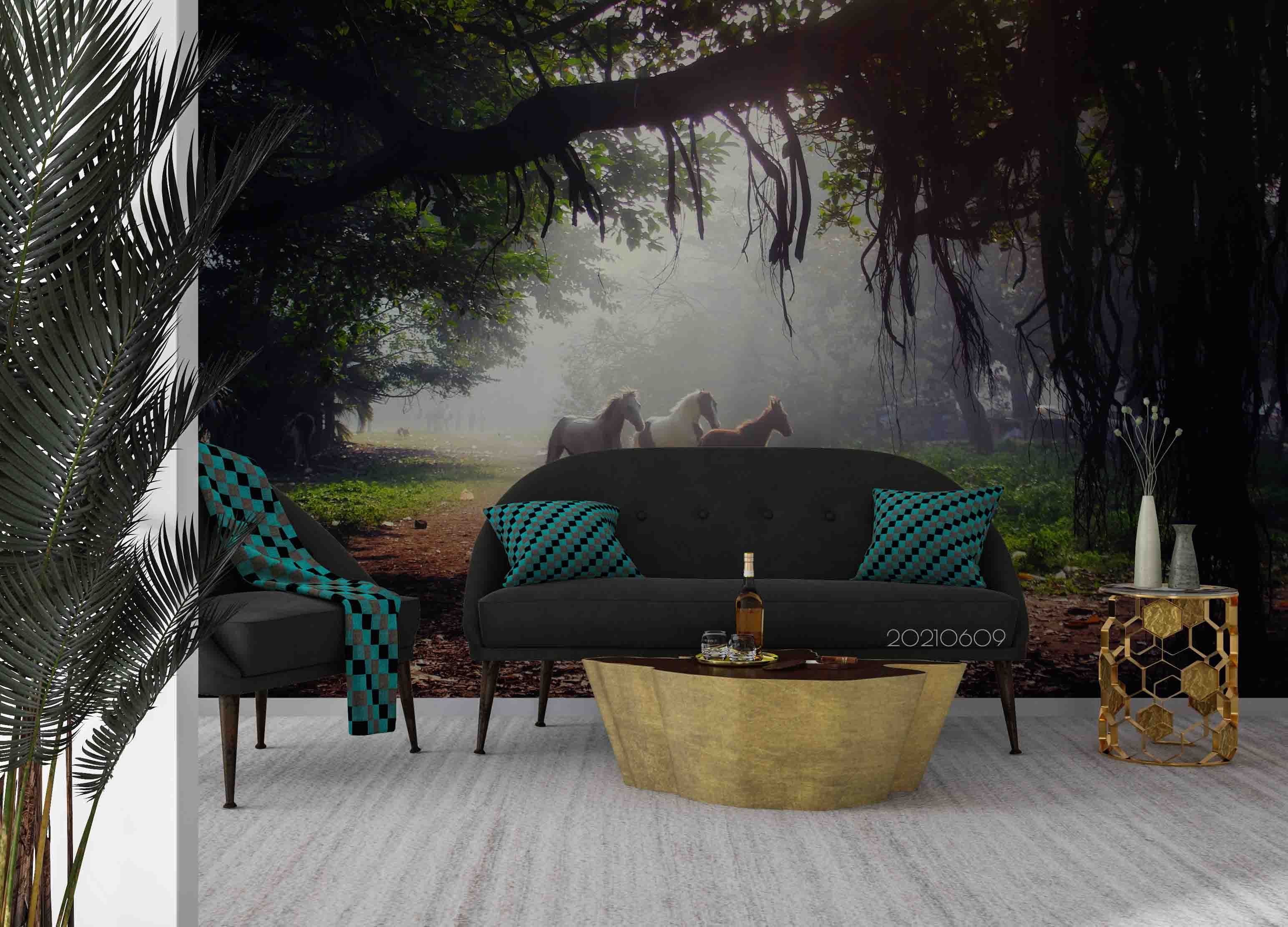 3D Tropical Rain Forest Animal Horse Fog Wall Mural Wallpaper Sww1661