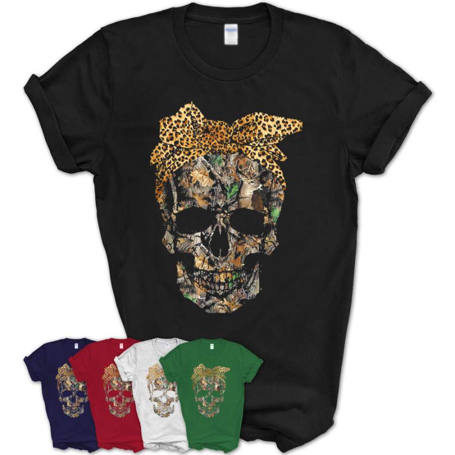 Womens Hunting Camouflage Skull With Leopard Bandana Halloween T-Shirt – Teezou Store