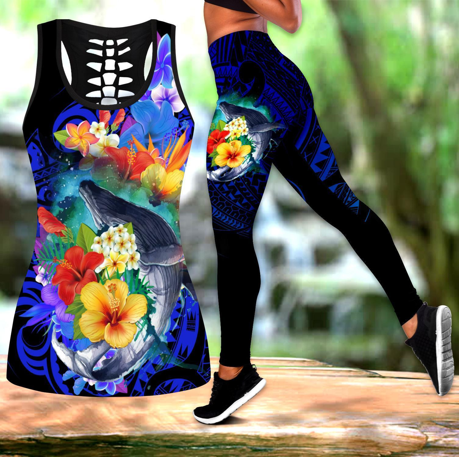 Amazing Kanaka Maoli Humpback Whale With Tropical Flowers Legging & Tank Top