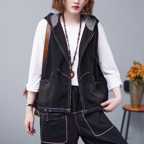 2022 Spring Autumn Women Hoodied Vest Denim Coat Sleeveless Jacket Women Chaleco Mujer alx