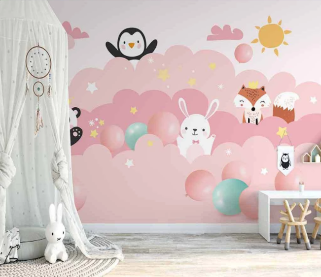 3D Cartoon Colorful Balloon Fox Bunny Sun Pink Cloud Wall Mural Wallpaper Lxl