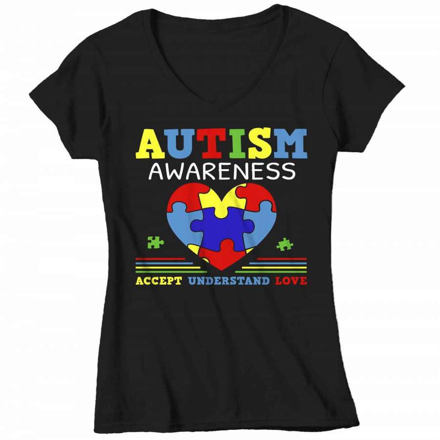 Women’s V-Neck Autism Awareness Shirt Accept Understand Love Shirt Autism Heart Shirt Puzzle Awareness Shirts Cute TShirt