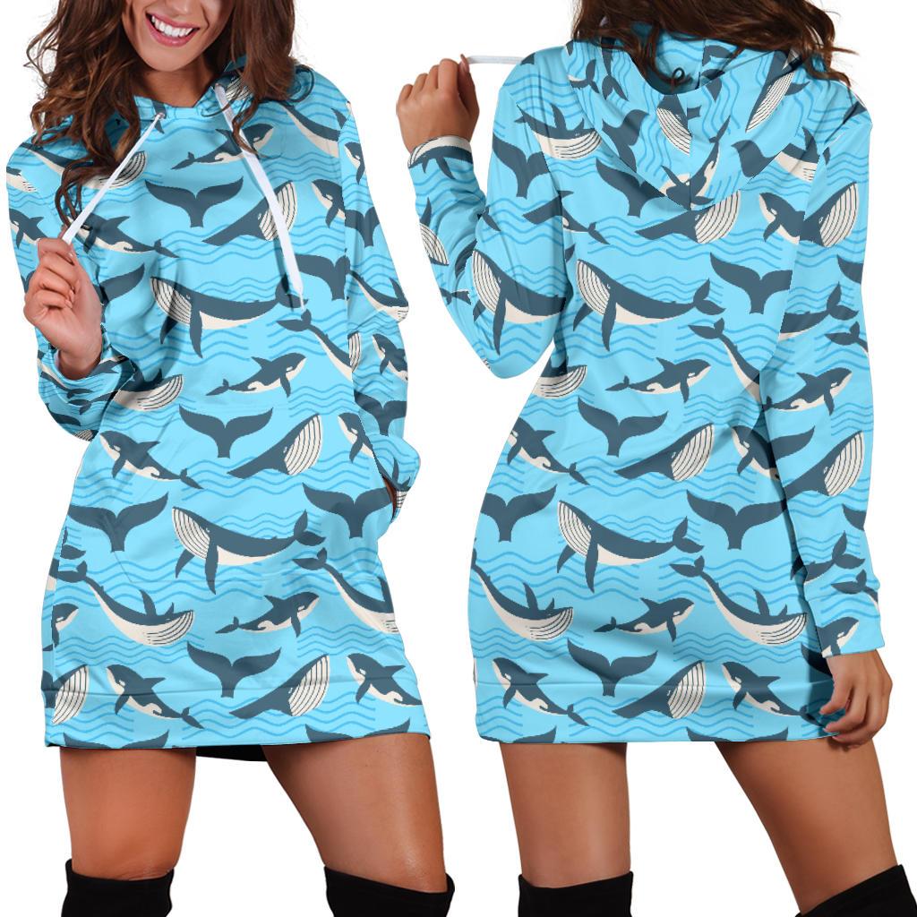 Whale Pattern Design Themed Print Women Hoodie Dress