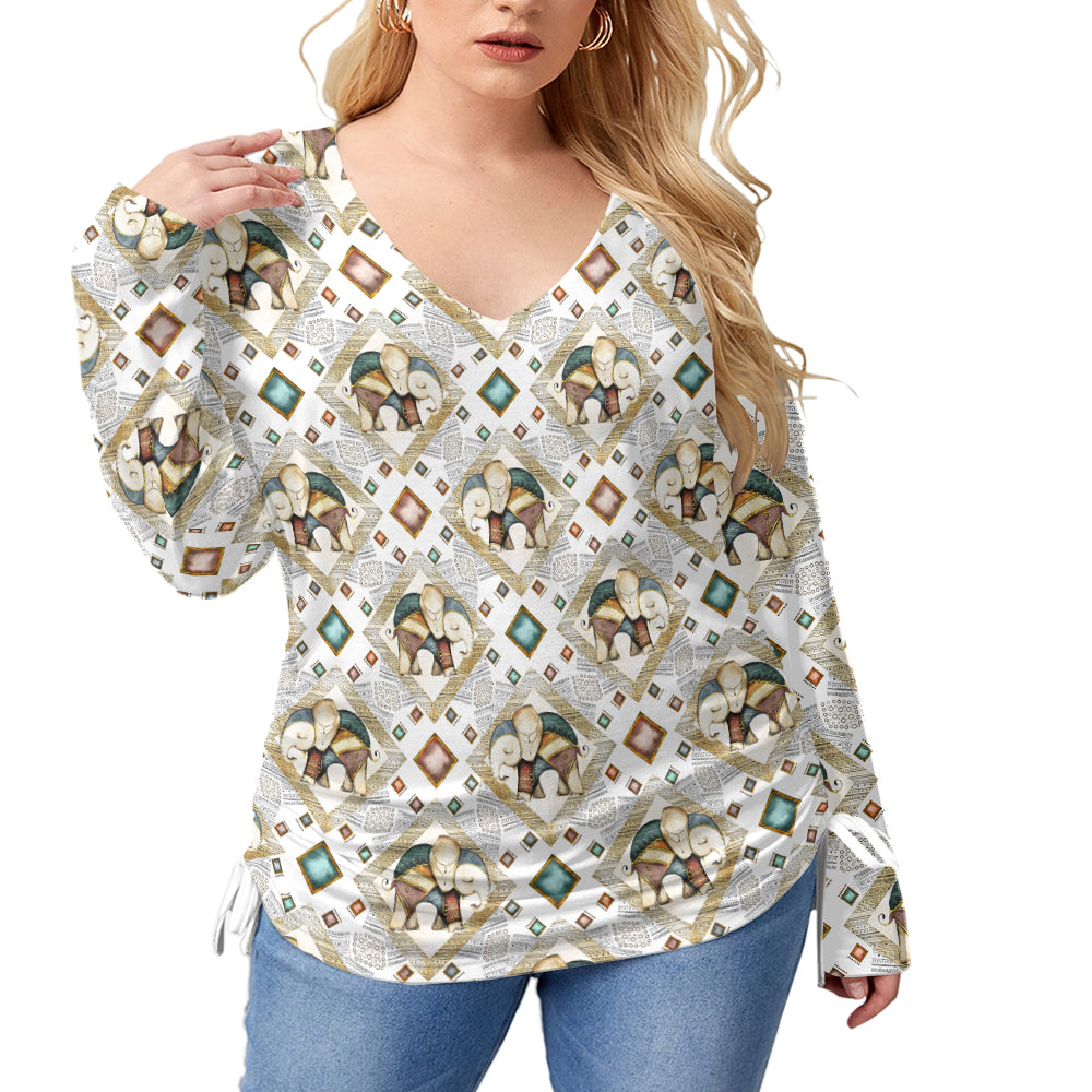 Indian Elephant Pattern V-Neck Plus Size T-Shirt