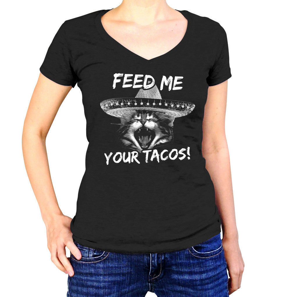 Women’S Feed Me Your Tacos Vneck T-Shirt Cute Foodie Cat