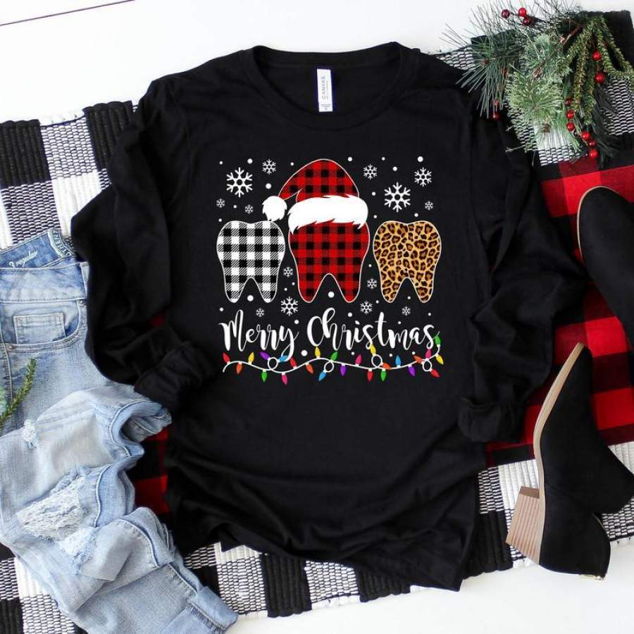 Buffalo Plaid & Leopard Dental Christmas Long Sleeve Shirt, Dental Hygienist, Dentist Shirt, Dental Gifts, Tooth Shirt, Dental Humor Shirt, unisex shirt, plus size shirt