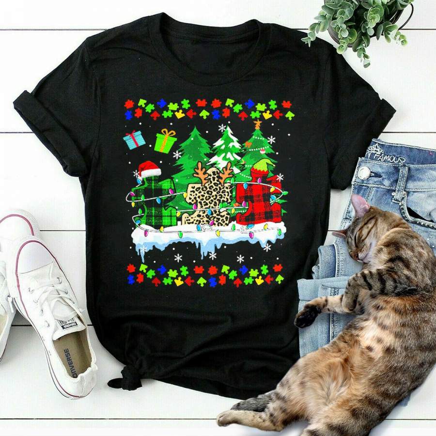 Christmas Autism Awareness Merry Christmas Autism Leopard Plaid Autism T-Shirt