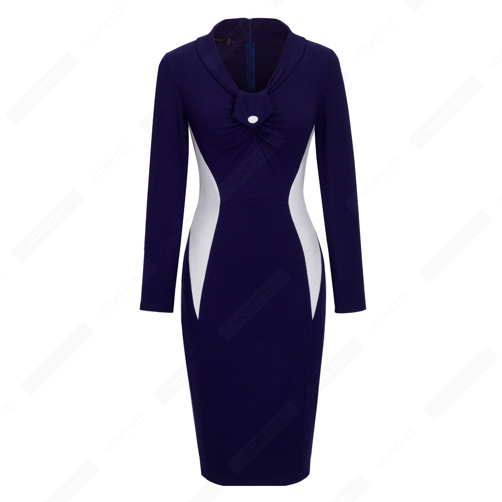 Women Business Elegant Full Sleeve V Neck Button Contrast Color Lady Slim Office Pencil Dress 1EB349 alx