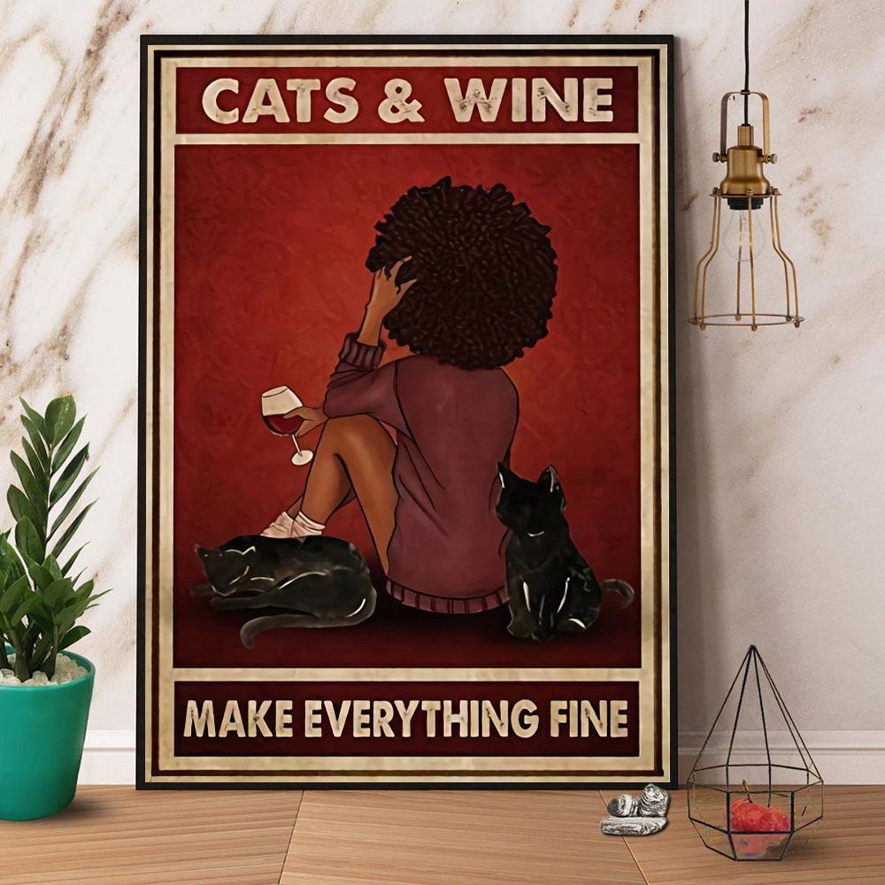 Vintage Black Girl Cats And Wine Canvas Poster Wall Art