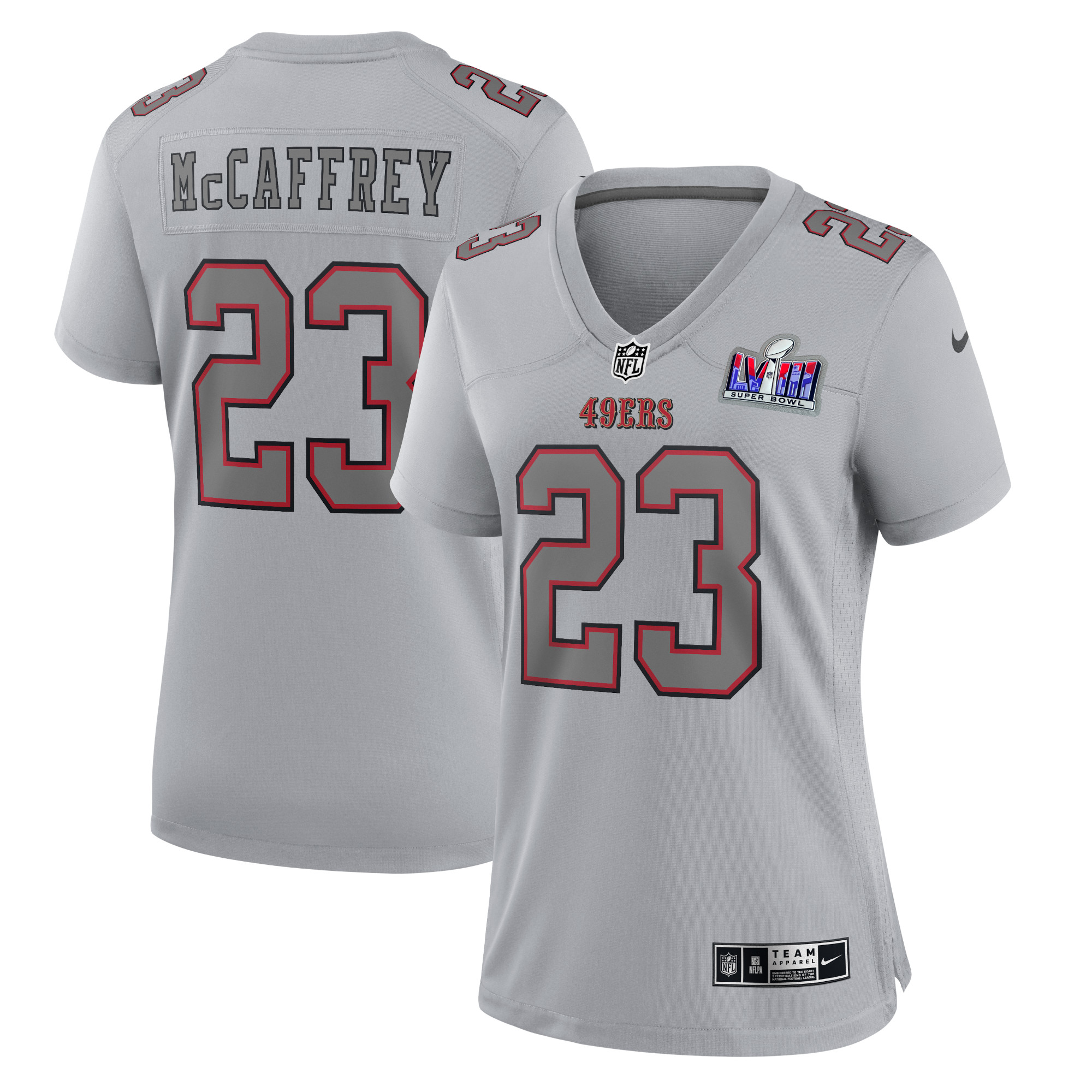 Christian McCaffrey San Francisco 49ers Women's Super Bowl LVIII Atmosphere Fashion Game Jersey – Gray