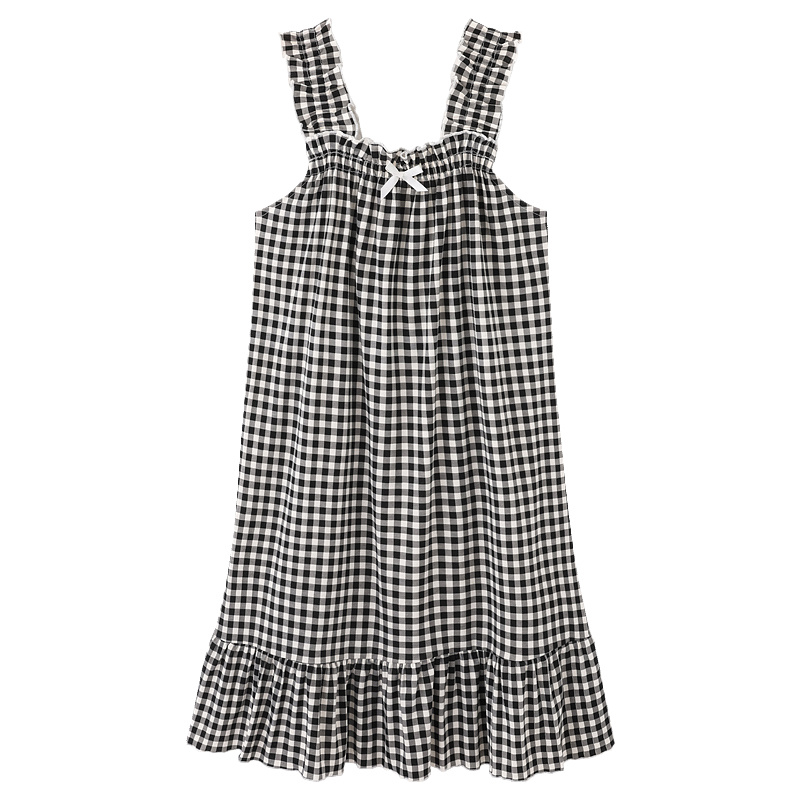 Young Girls Plaid Nightgown Homewear Summer Cotton Sleeveless Women Sleepwear Shirt With Bow Sexy Suspender Nightshirt Party 5XL alx