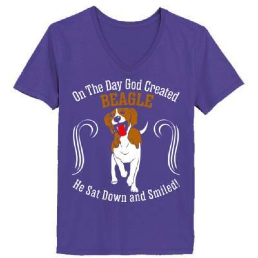 AGR On Day God Created Beagle Dog Sat Down Smiled – Ladies’ V-Neck T-Shirt