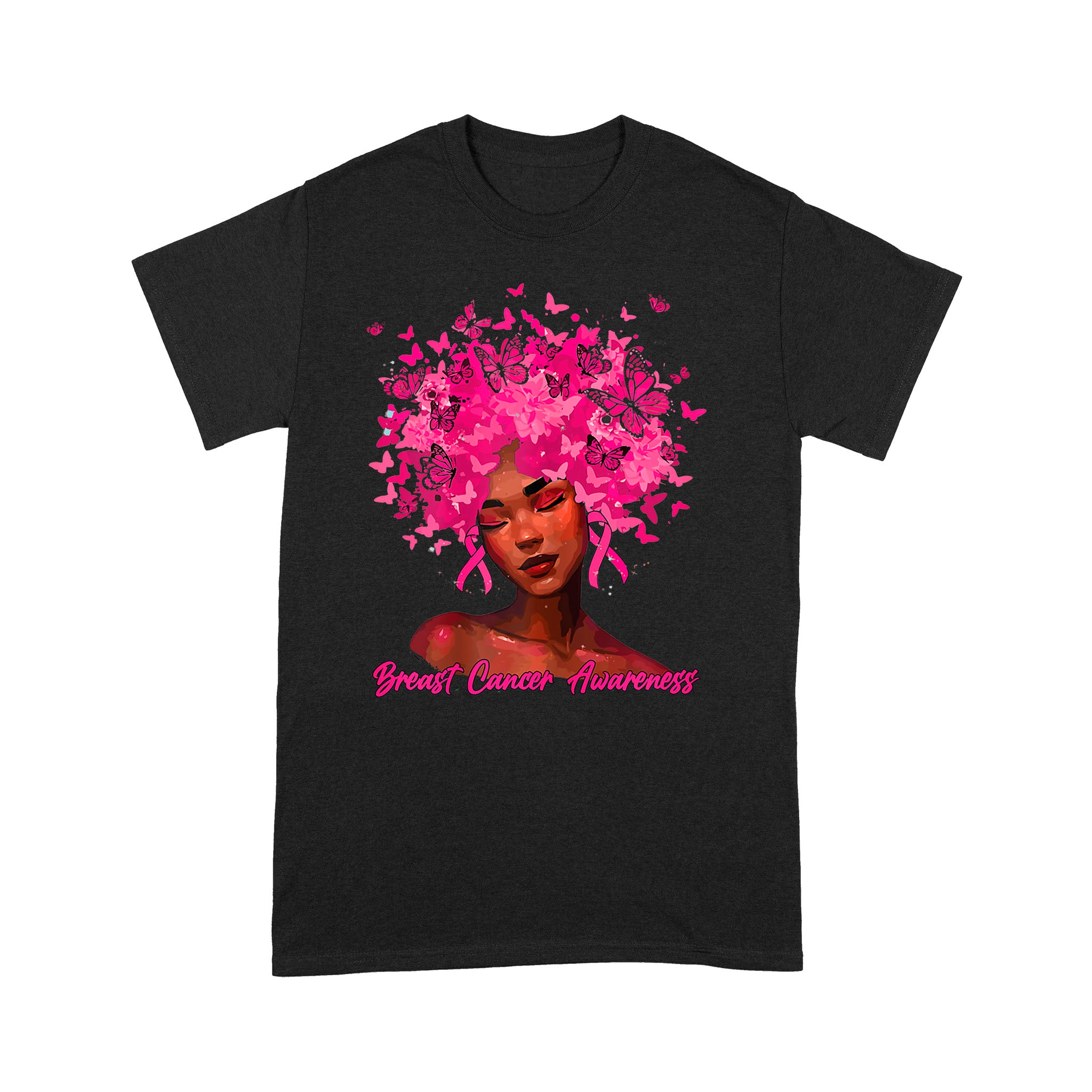 Standard T-Shirt – Black Women Queen Pink Ribbon Breast Cancer Awareness Month T-Shirt