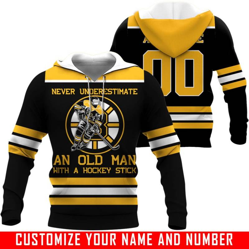 Never Underestimate An Old Man With A Hockey Stick – Boston Bruins – CUSTOMIZE NAME AND NUMBER – HOT SALE 3D PRINTED – NOT IN STORE