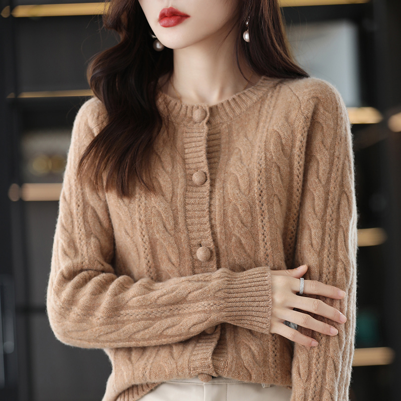 Wool Cardigan Women’s Outer 100% Pure Wool Loose Round Neck Twist Sweater 2022 Spring And Autumn New Style Top Coat alx