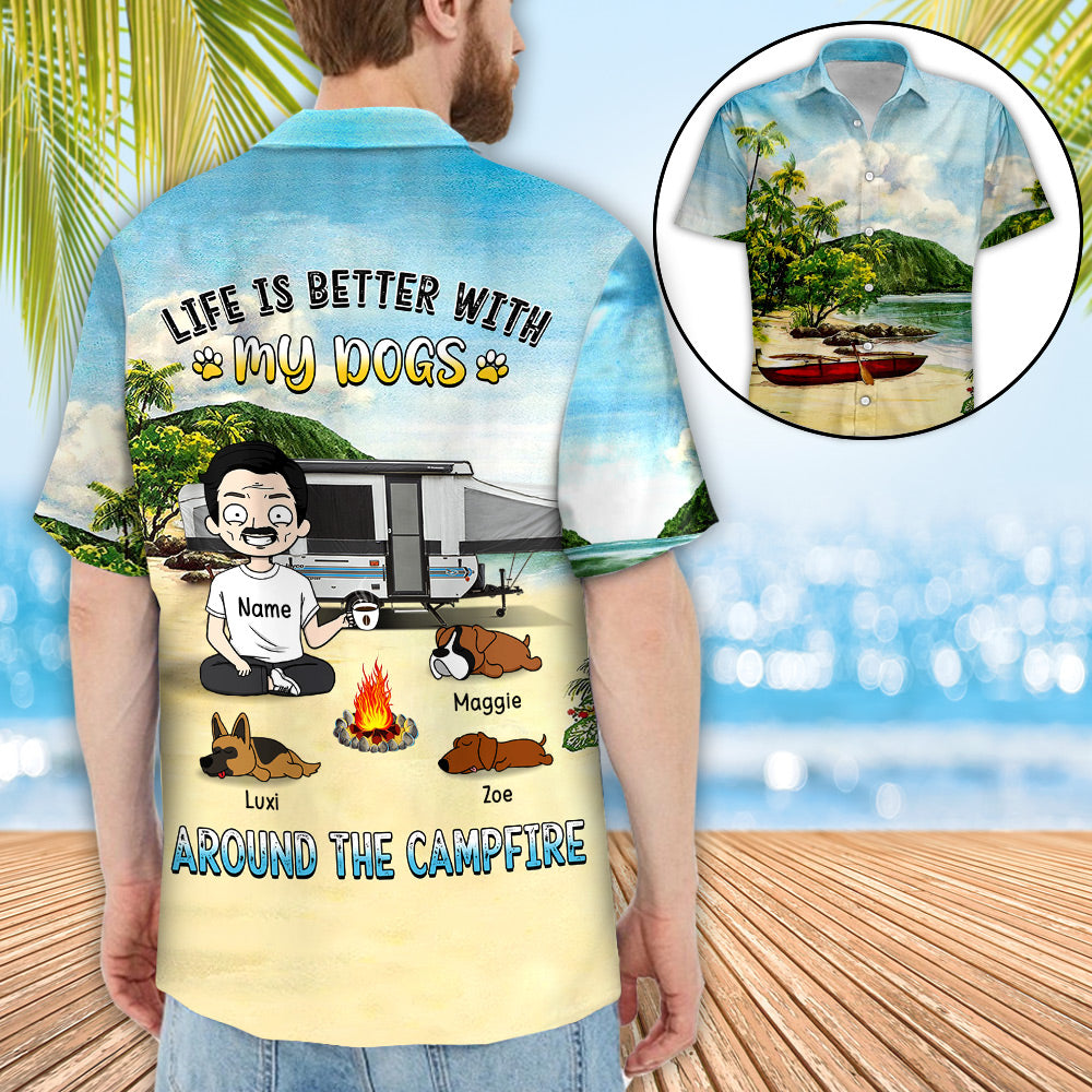 Personalized Life Is Better With My Dogs Around The Campfire Custom Clipart And Background 3D All Over Print Hawaiian Shirt For Dog Lovers And Camping Ht95 Lihd