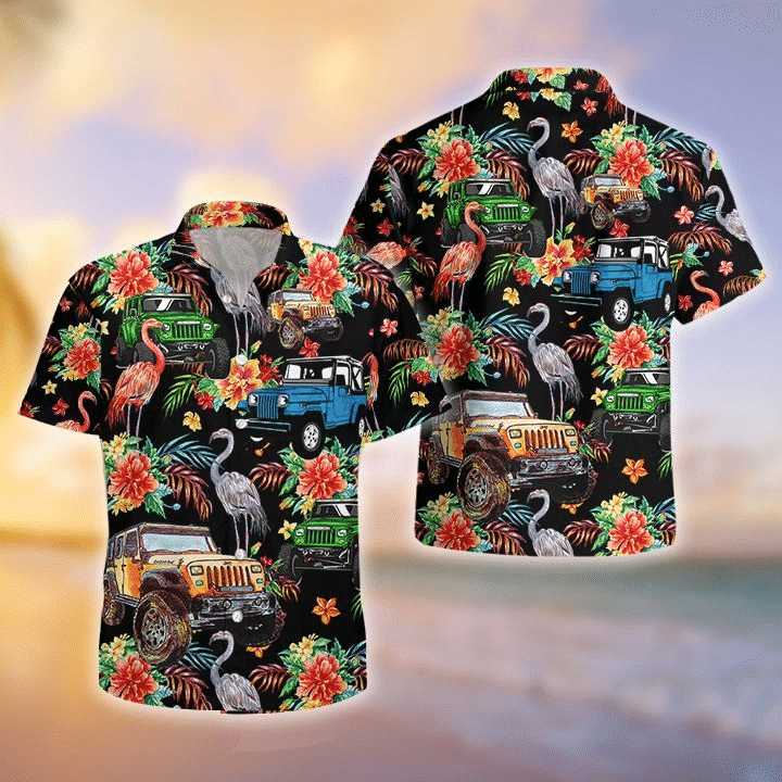 Flamingo Driver Jeep Print Short Sleeve Hawaii Casual Shirt Ha82759