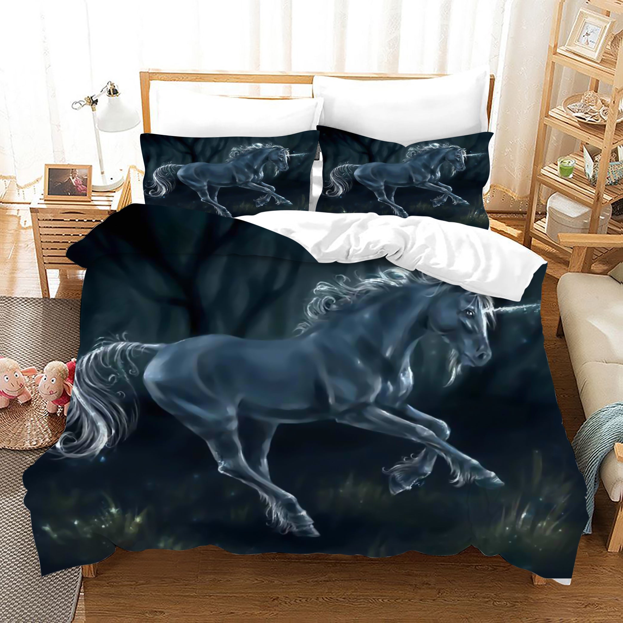 3D Black Forest Unicorn Quilt Cover Set Bedding Set Duvet Cover Pillowcases Jn1012