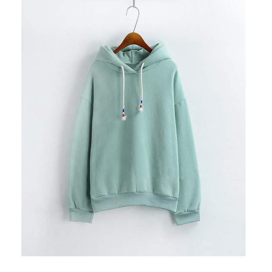 Womens Hooded Sweatshirt New Candy Color Light Green Long Sleeved Thick Casual All-match Solid Leisure Hoodie Loose Top