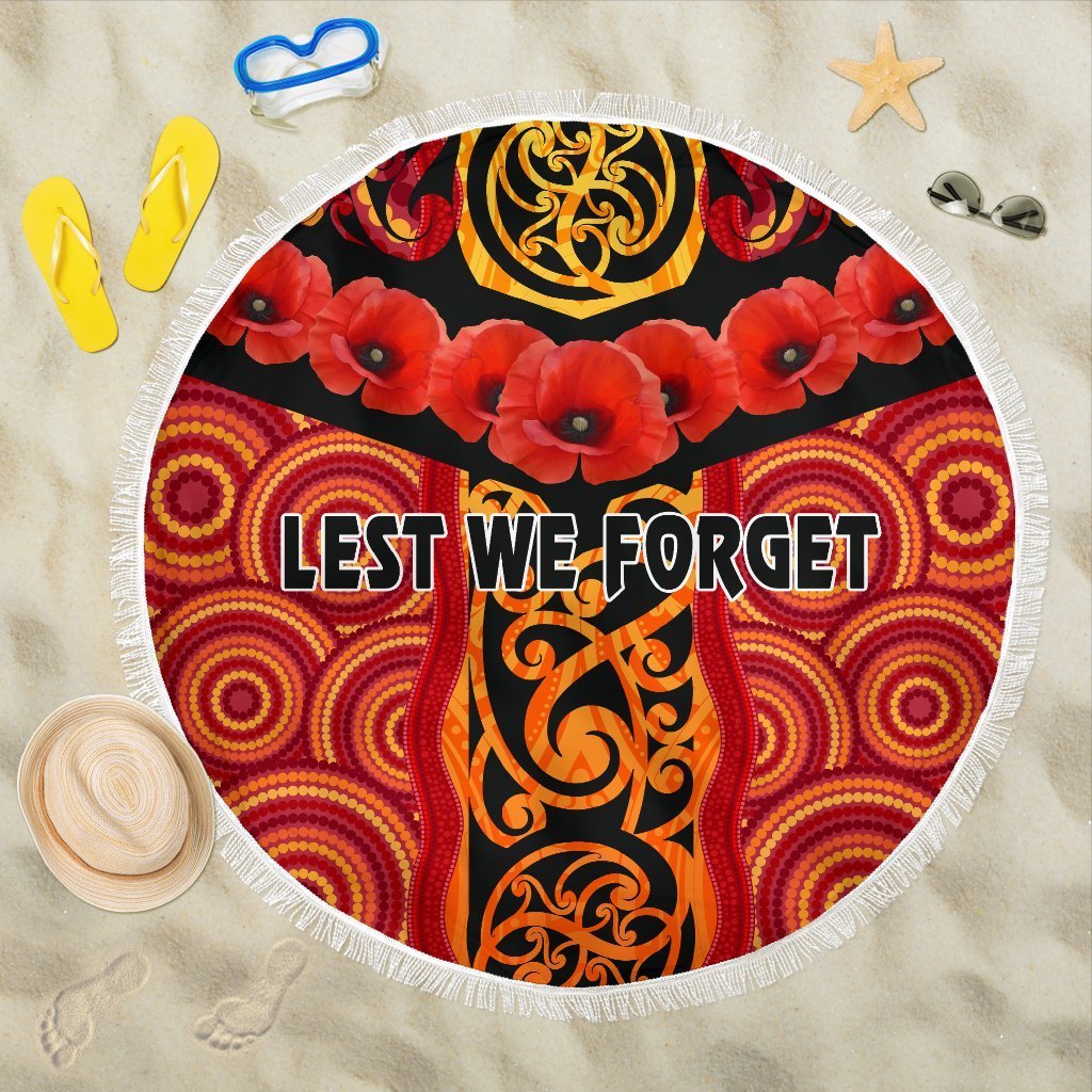 Anzac Lest We Forget Poppy Beach Blanket New Zealand Maori Silver Fern – Australia Aboriginal