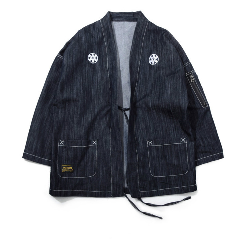 #4204 Japanese Men Kimono Jacket Streetwear Fashion Cardigan Denim Windbreaker Jackets Men Harajuku With Embroidery Plus Size alx