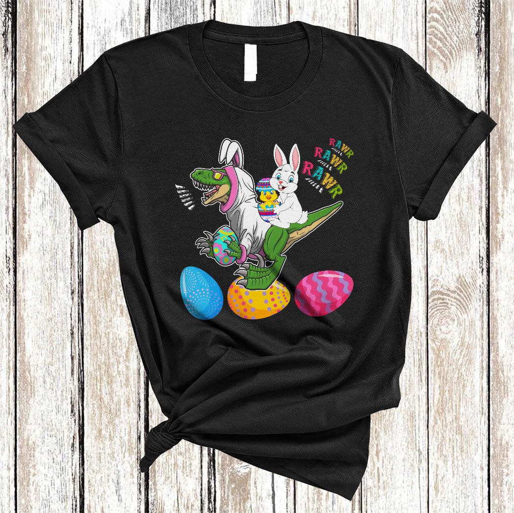 Bunny Holding Egg Chick Riding Bunny T-Rex Road On Eggs Funny Easter Bunny T-Rex Lover T-Shirt