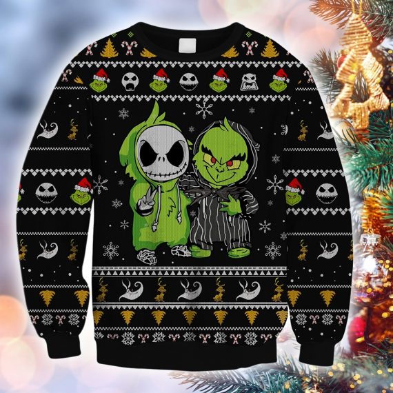 Christmas Gift For Jack Skellington And Grinch Fan Christmas Ugly Christmas Sweater  Hg