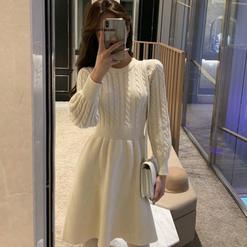 FINEWORDS Korean Chic Brown Winter Knitted Ladies Dresses Stretch A Line Vintage Christmas Dress Warm Long Sleeve Sweater Dress alx