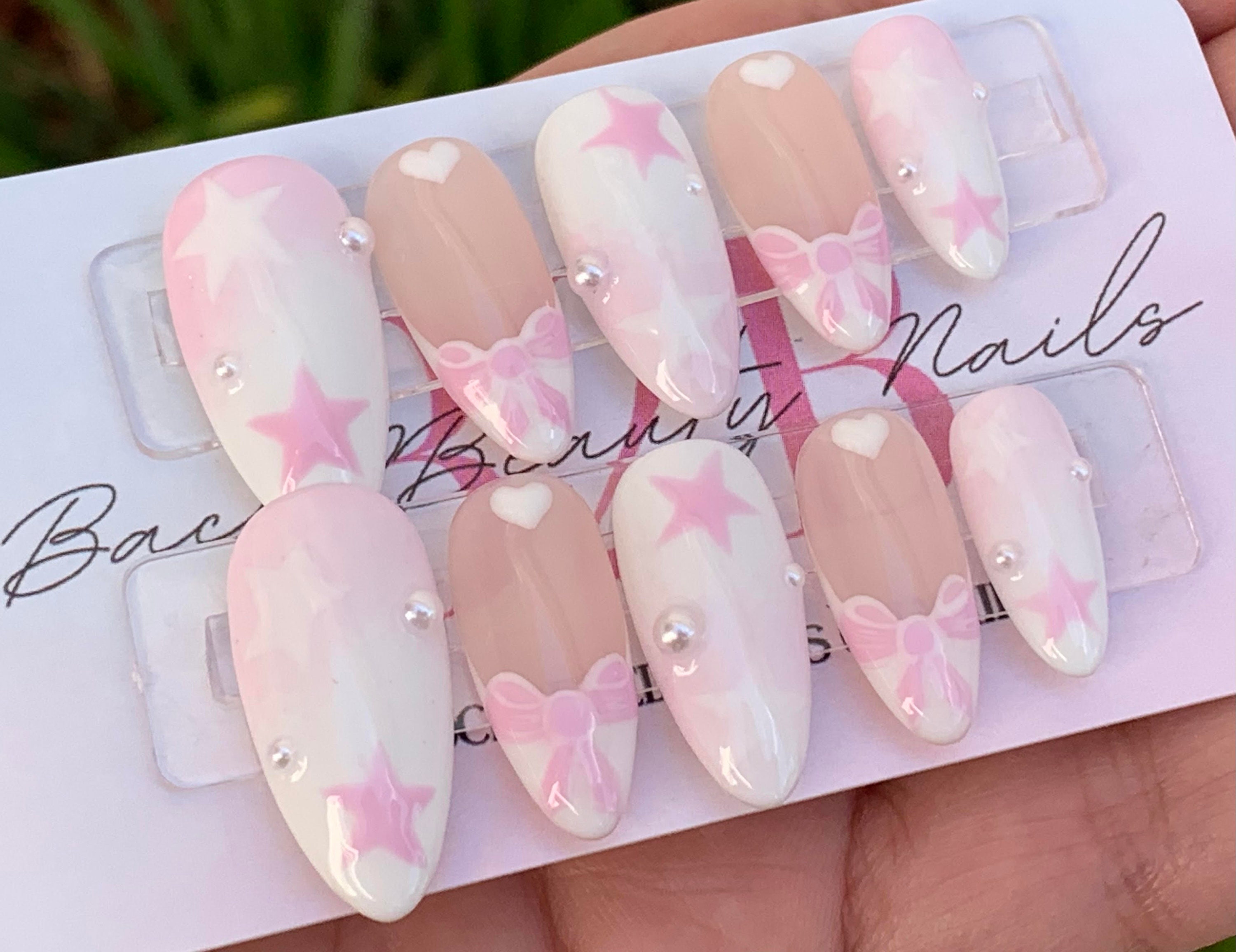 White and Pink Nails/”Bows and Stars” Press on Nails/ Summer Press on Nails