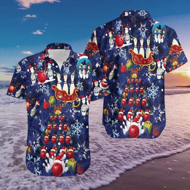 Bowling Merry Christmas Blue Hawaiian Shirt Aloha Shirt For Summer