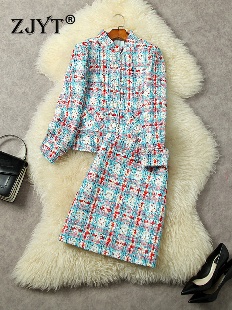 ZJYT Luxury Designer Beading Plaid Tweed Woolen Jacket and Skirt Set for Woman Autumn Winter Outfits Party Office Dress Suits alx