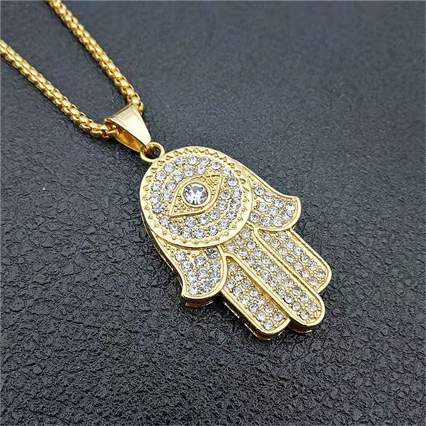 Turkish Evil Eye Hamsa Hand of Fatima Pendant Necklace Gold Stainless Steel Iced Out Pendant & Chain Hip Hop Women/Men Jewelry alx