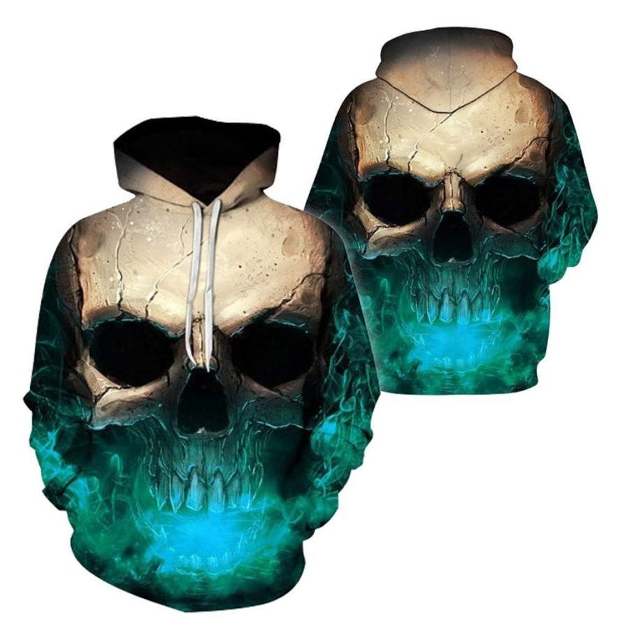 3D Effect Skull Print Pullover Hoodie Green HC0604