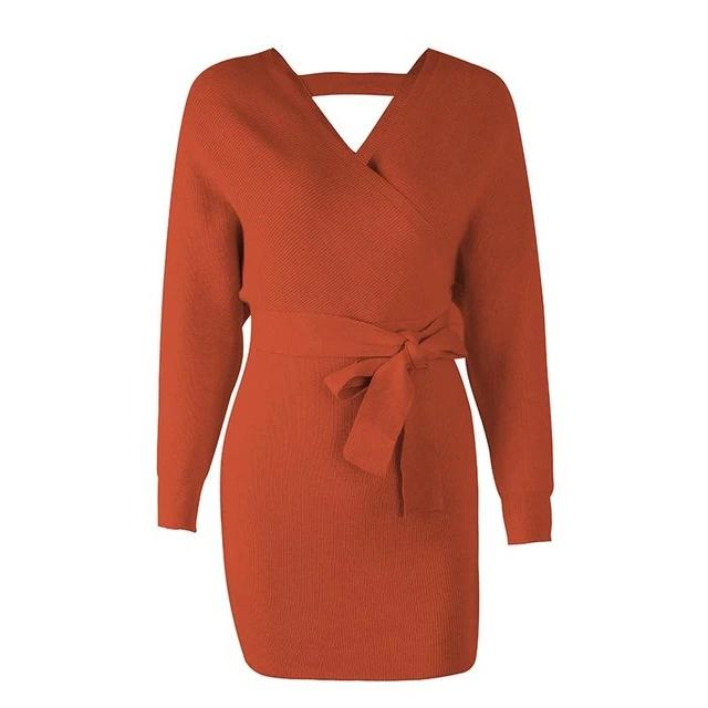 Wrap High Waist V-Neck Belt Knitted Office Mini Sweater Dress