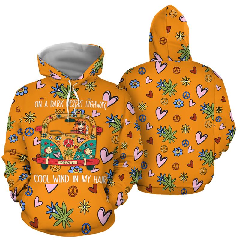 3D Camping Hoodie On A Dark Desert Highway Hippie Orange Full Size