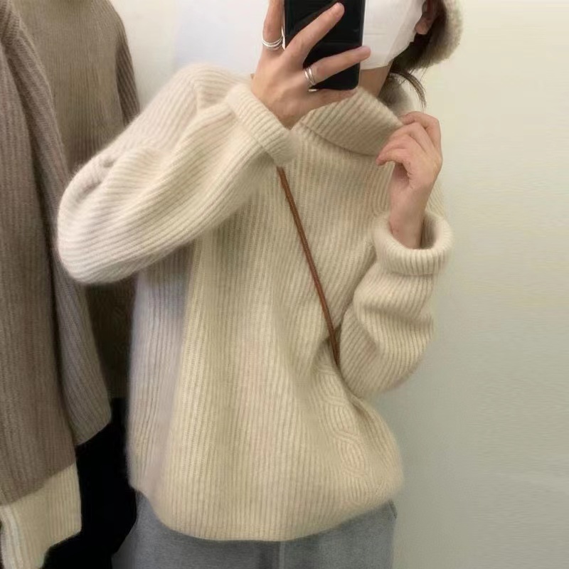 100% Merino Wool Women’s High Lapel Pullover Fashion Knitting Korean Sleeve Splicing Tops Autumn and Winter Thickened Cashmere alx