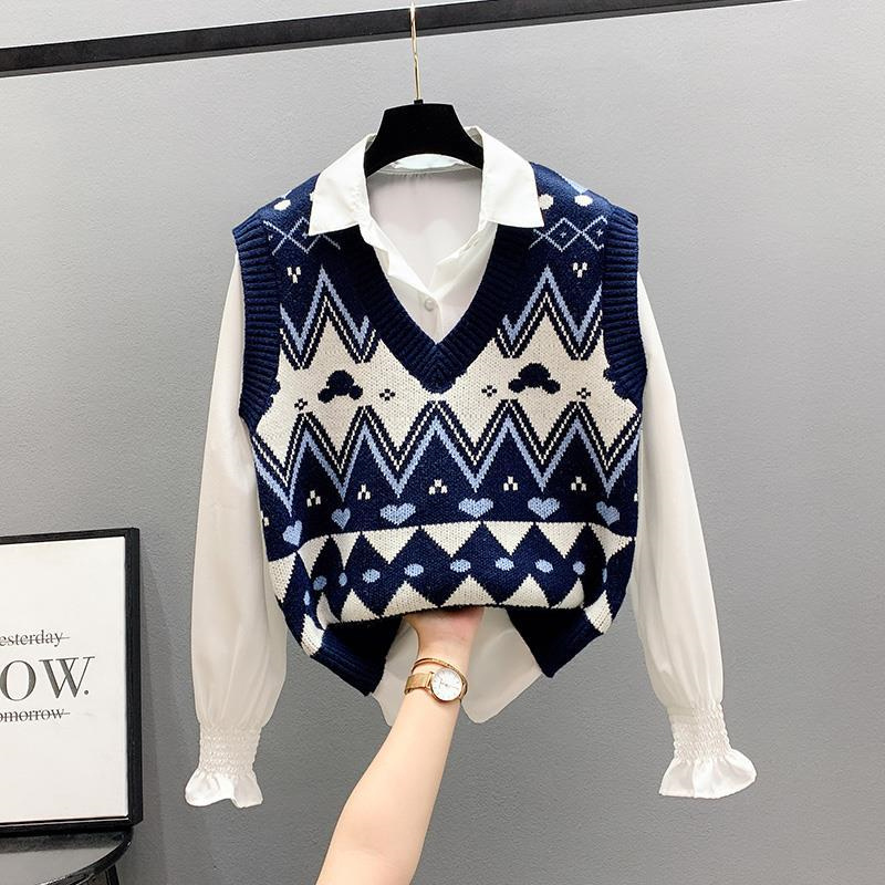 Autumn Winter Casual V Neck Pullover Top Female Women’s Kawaii Y2K Vintage Argyle Sleeveless Outwear Knitted Sweater Vest Jumper alx