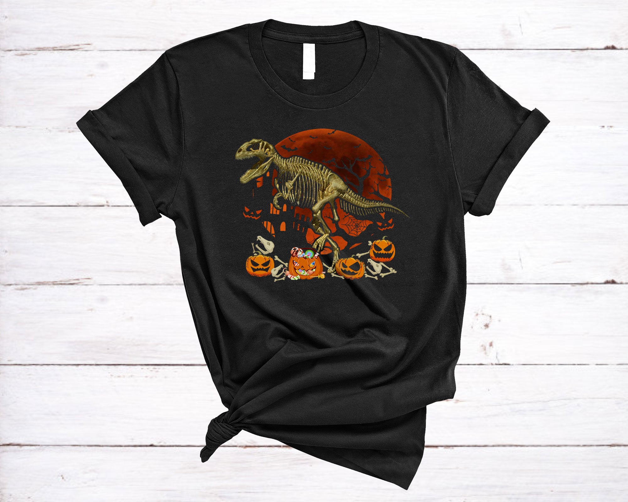 Dinosaur T-Rex Skeleton Pumpkin Funny Halloween Costume Skeleton Skull T Rex Candy Lover T-Shirt