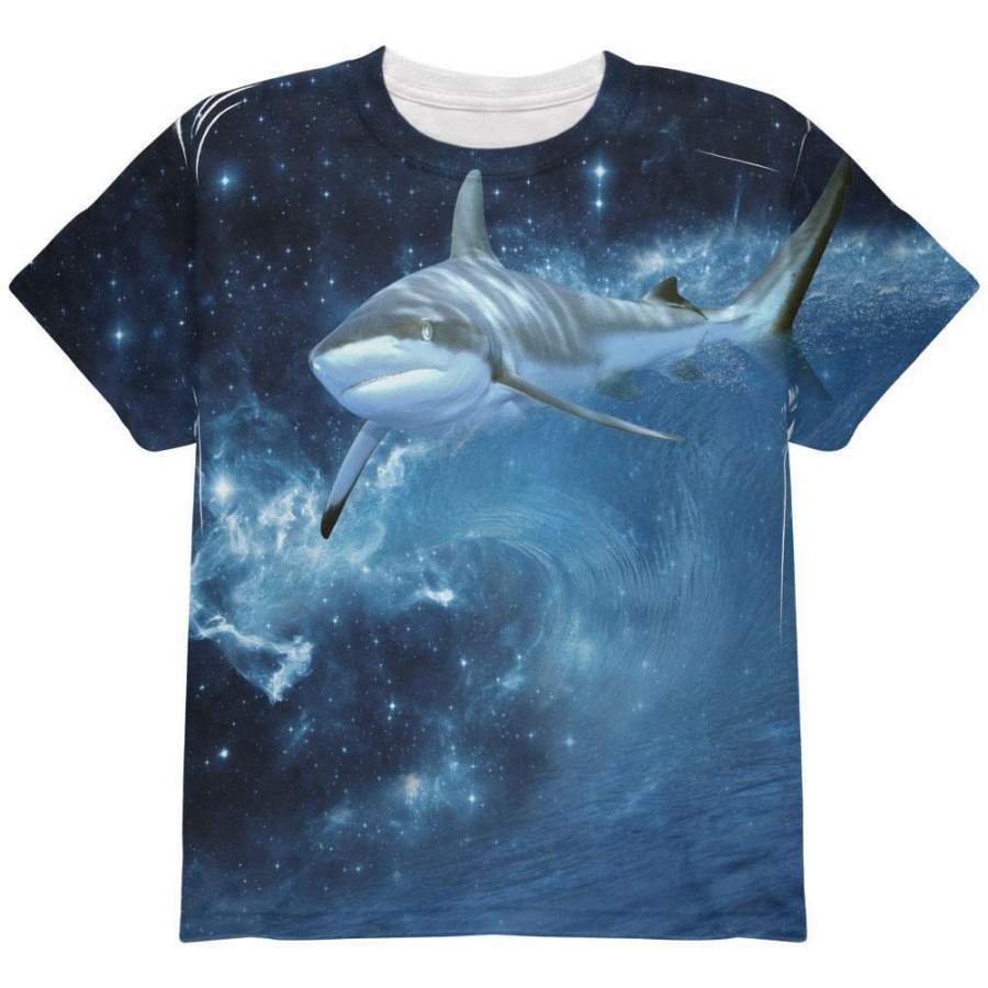 Shark Swimming in Space Galaxy All Over Youth T Shirt