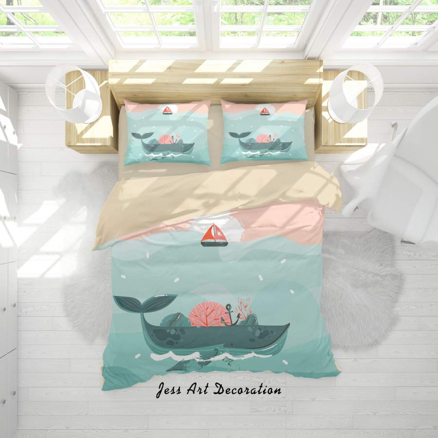 3D Cartoon Sea Boat Dolphin Quilt Cover Set Bedding Set Duvet Cover Pillowcases A313 LQH