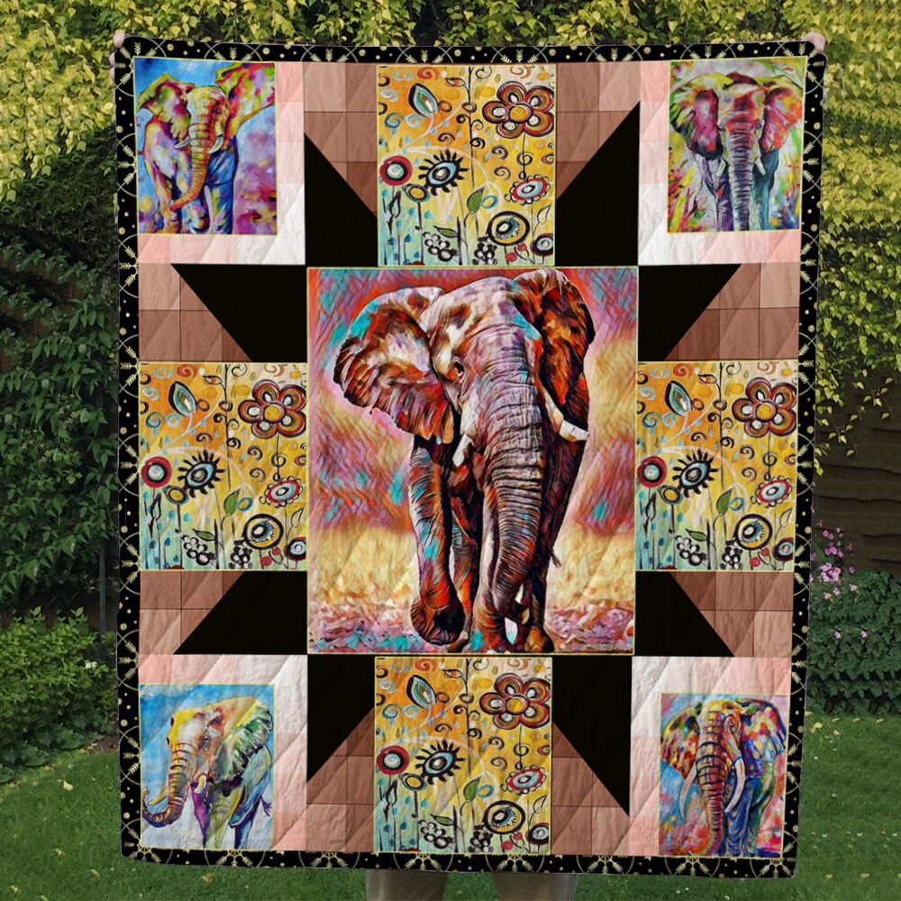 Beautiful Elephant  Flowers Around  Quilt Blanket