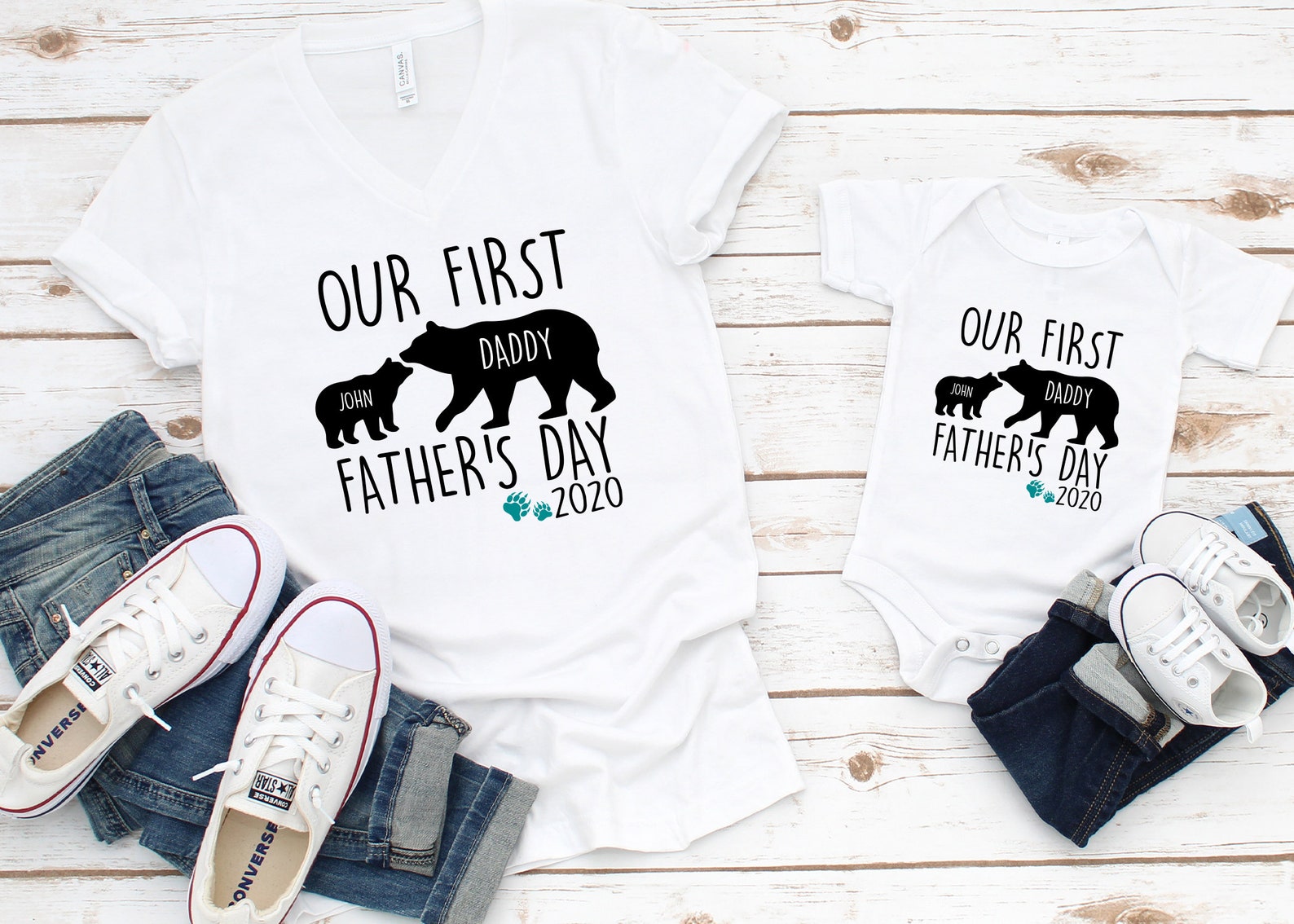 Personalized Matching T-Shirt & Baby Onesie Our First Father’S Day Funny Old & Baby Bear Custom Name Daddy & Baby Set