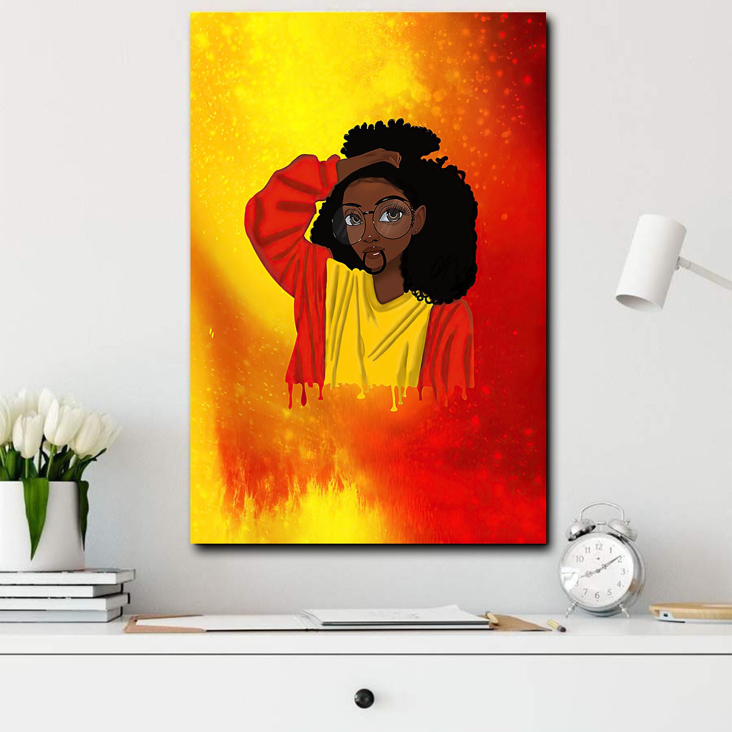 African American Canvas Melanin Girl With Curly Hair And Glasses Black Art Print