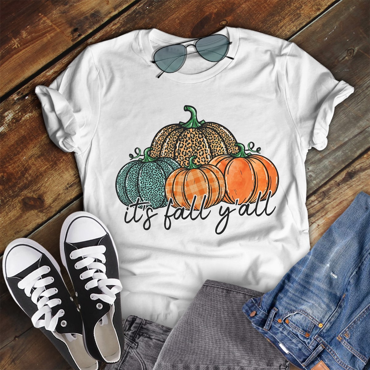 Classic T-Shirt For Women It’S Fall Y’All Cute Pumpkin Printed Leopard Orange Plaid Design Thanksgiving Shirt Fall Shirt