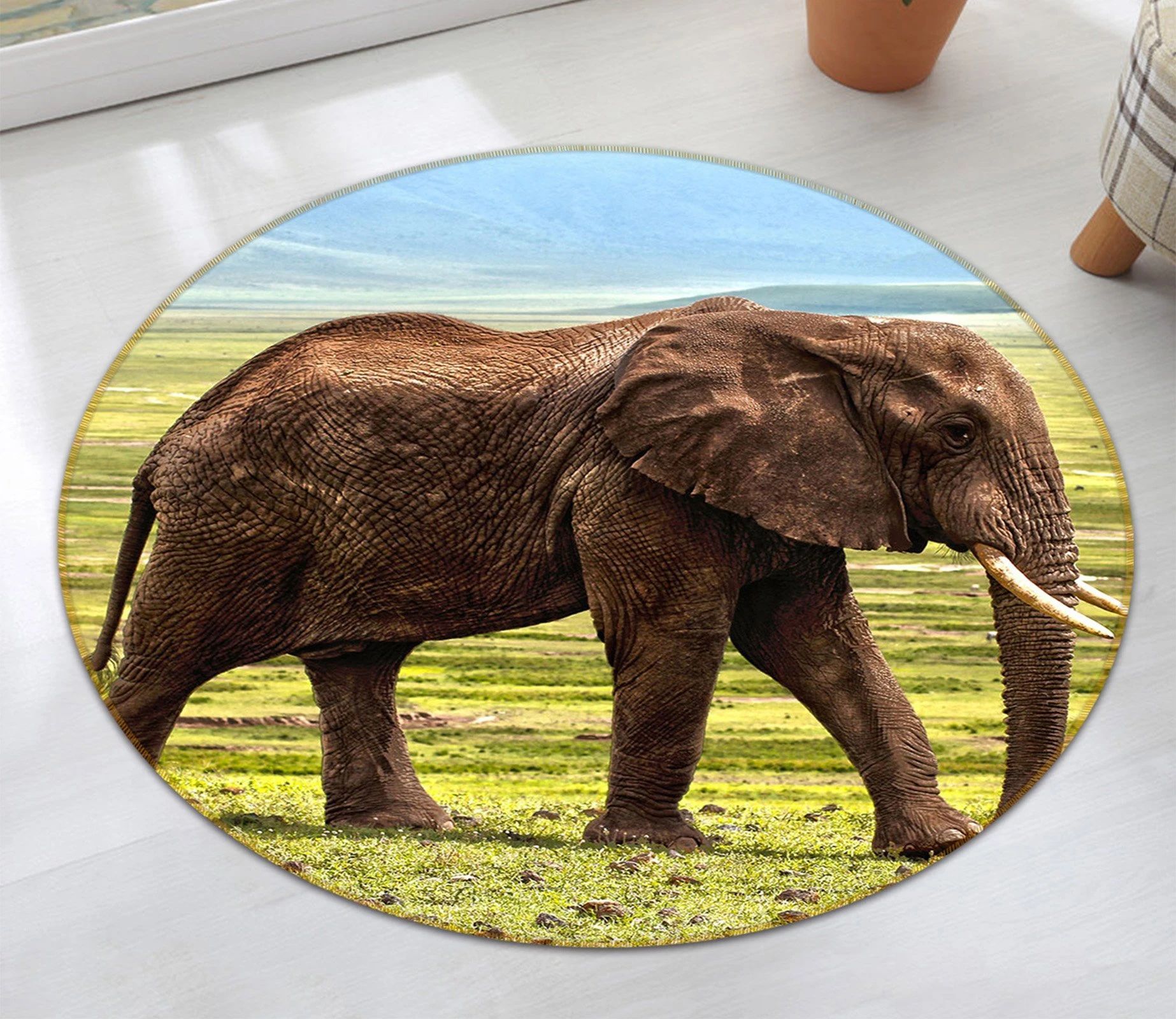 Blue Sky Elephant Walking Into Forest Printed Round Rug – Round Carpet Home Decor