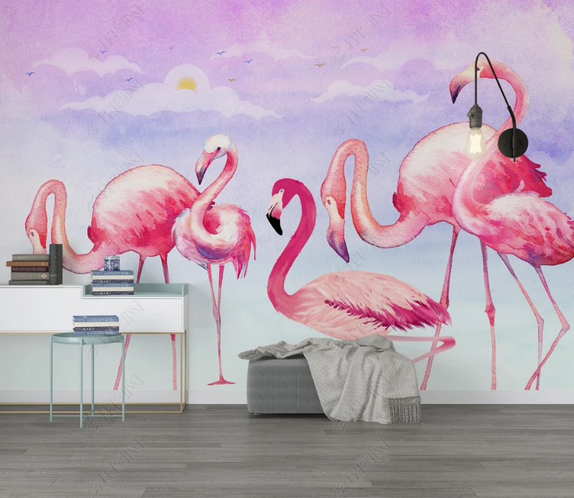 3D Hand Drawn Pink Animal Flamingo Wall Mural Wallpaper Lqh 148